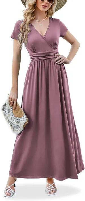 ANRILITA Maxi Dress for Women Wrap V Neck Short Sleeve Empire Pleated Waist Summer Casual Elegant Long Dresses with Pockets