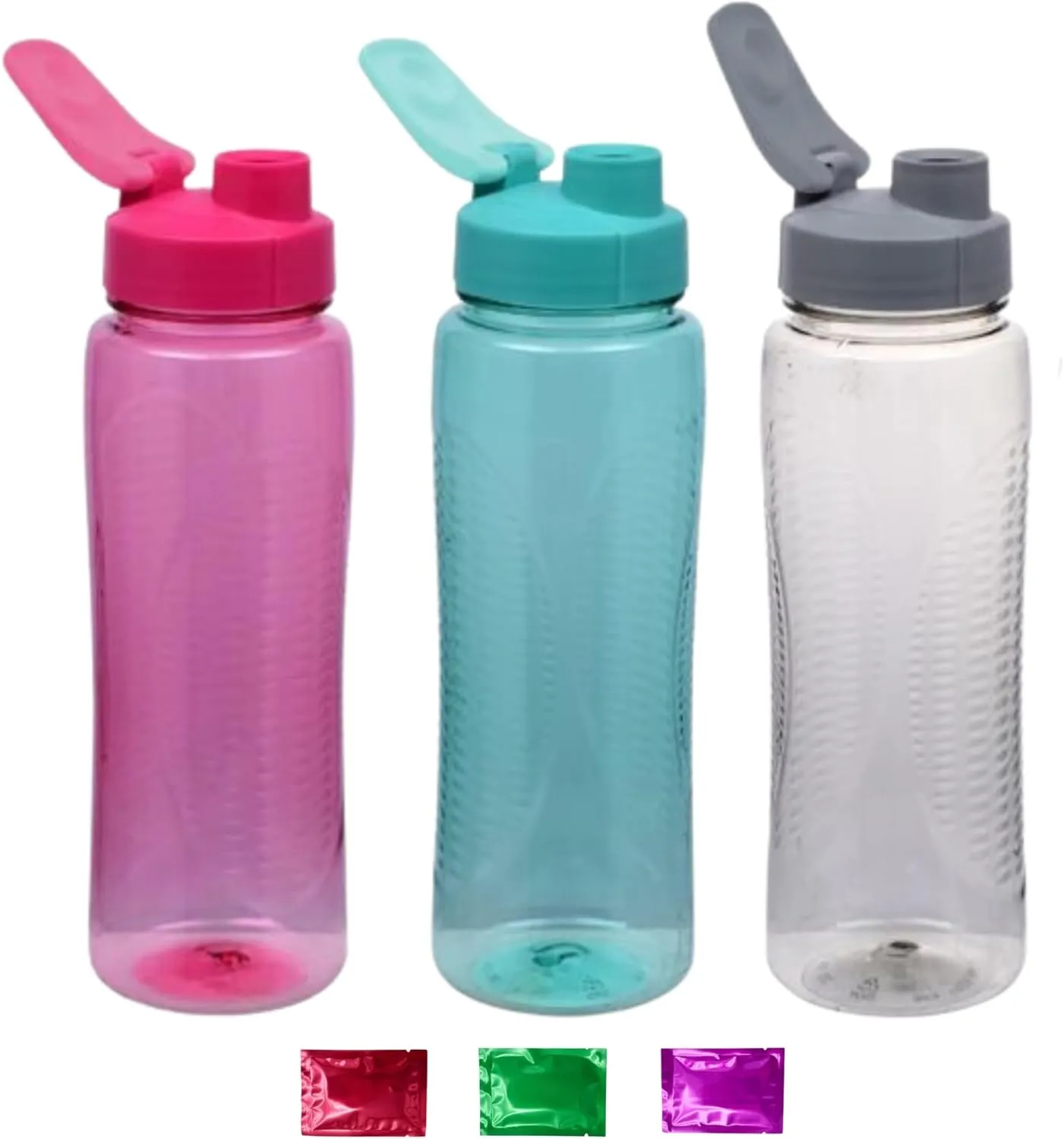 Assorted Plastic Water Bottles with Flip Top Lids 24 Oz, BPA Free Reusable Sports Water Tumblers for Travel School Gym Hiking Office Outdoor Activities 3 Packs w/Snoep in Beperkte Oplage