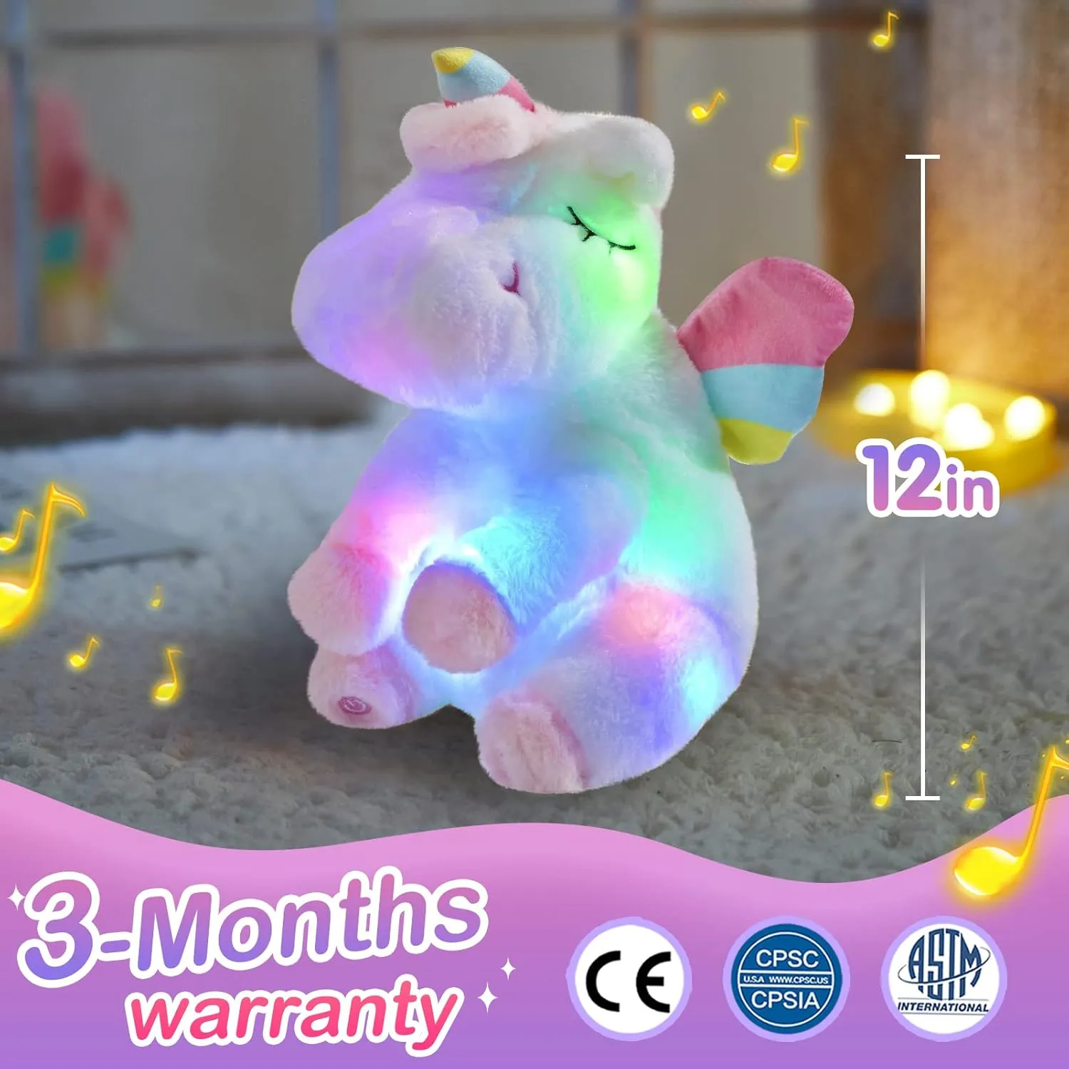 Athoinsu Musical Light up Unicorn Stuffed Animal Soft Furry Plush Toy with LED Night Lights Children's Day Birthday Gifts for Kids Toddler Girls,12''