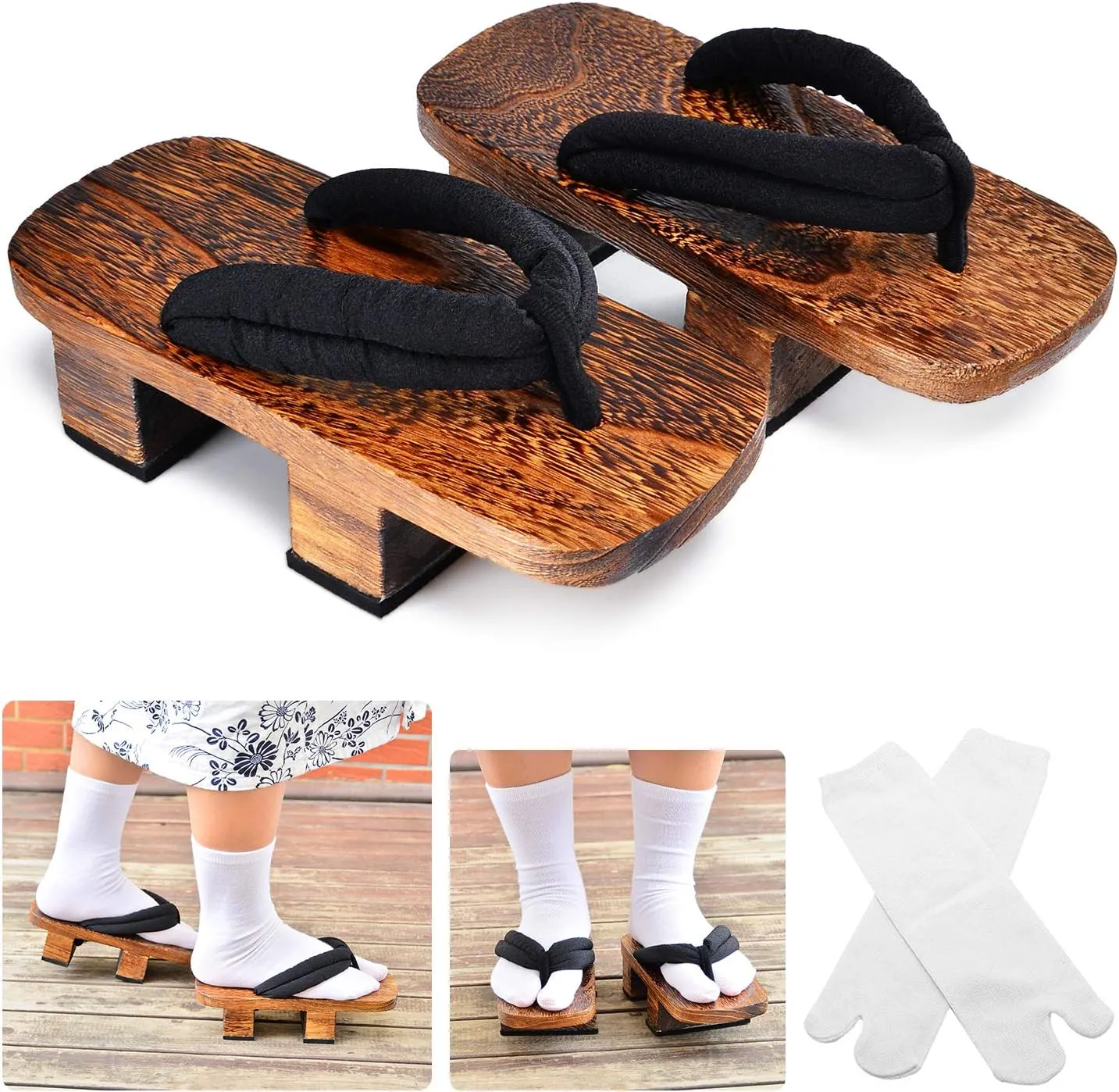 Azumasun Japanese Wooden Clogs with Tabi Socks For Men Women