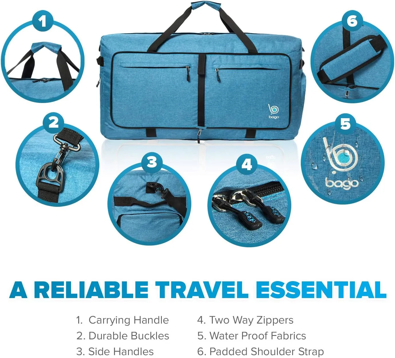 Bago Large Foldable Duffel Bags for Traveling Women & Men - 100L Packable Duffle Bag for Travel with Shoe Compartment - Water Repellant, Heavy Duty, Lightweight Folding & Collapsible (SnowBlue)