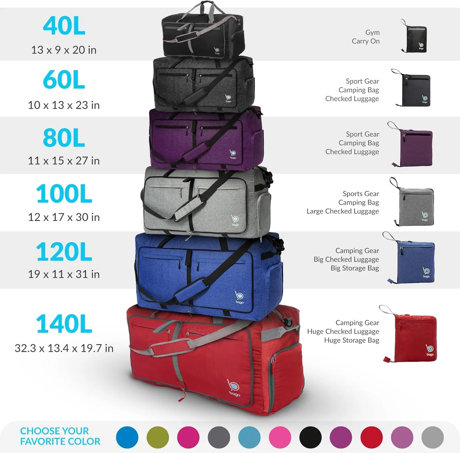 Bago Large Foldable Duffel Bags for Traveling Women & Men - 100L Packable Duffle Bag for Travel with Shoe Compartment - Water Repellant, Heavy Duty, Lightweight Folding & Collapsible (SnowBlue)