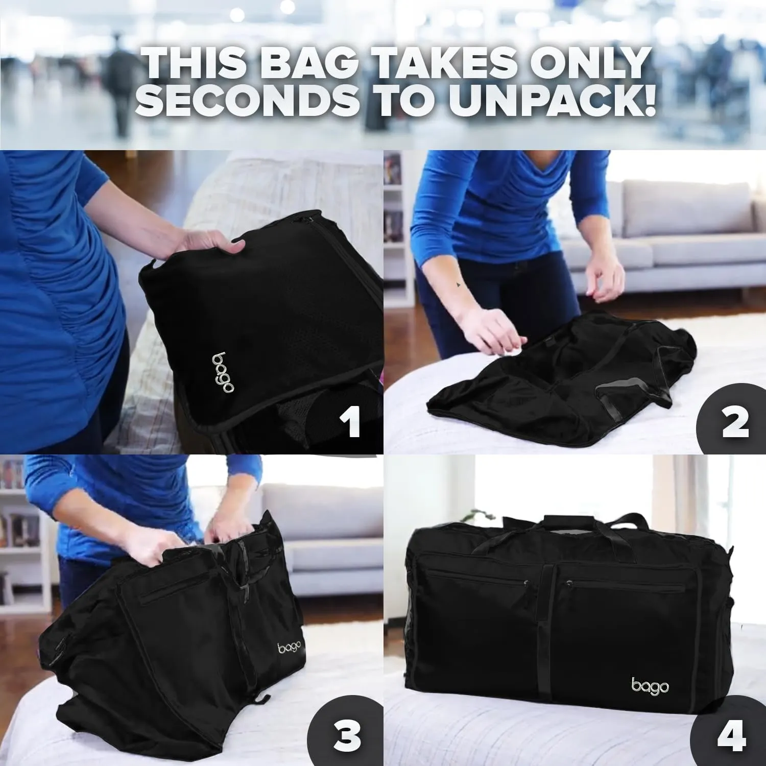 Bago Large Foldable Duffel Bags for Traveling Women & Men - 80L Packable Duffle Bag for Travel with Shoe Compartment - Water Repellant, Heavy Duty, Lightweight Folding & Collapsible (All Black)