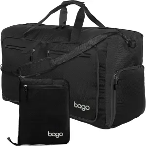 Bago Large Foldable Duffel Bags for Traveling Women & Men - 80L Packable Duffle Bag for Travel with Shoe Compartment - Water Repellant, Heavy Duty, Lightweight Folding & Collapsible (All Black)