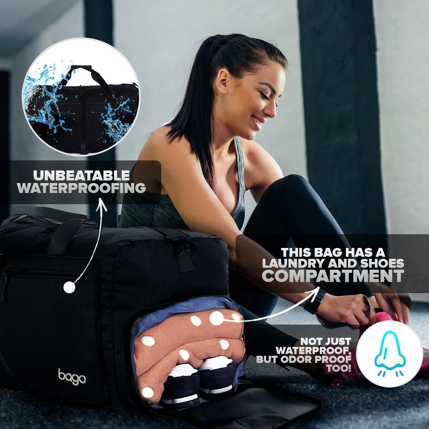Bago Large Foldable Duffel Bags for Traveling Women & Men - 80L Packable Duffle Bag for Travel with Shoe Compartment - Water Repellant, Heavy Duty, Lightweight Folding & Collapsible (All Black)