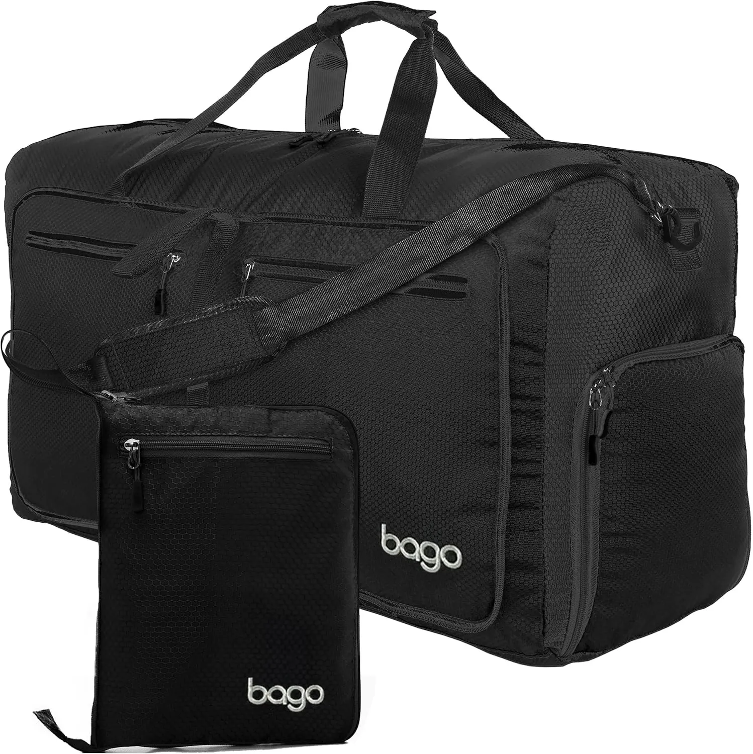 Bago Large Foldable Duffel Bags for Traveling Women & Men - 80L Packable Duffle Bag for Travel with Shoe Compartment - Water Repellant, Heavy Duty, Lightweight Folding & Collapsible (All Black)