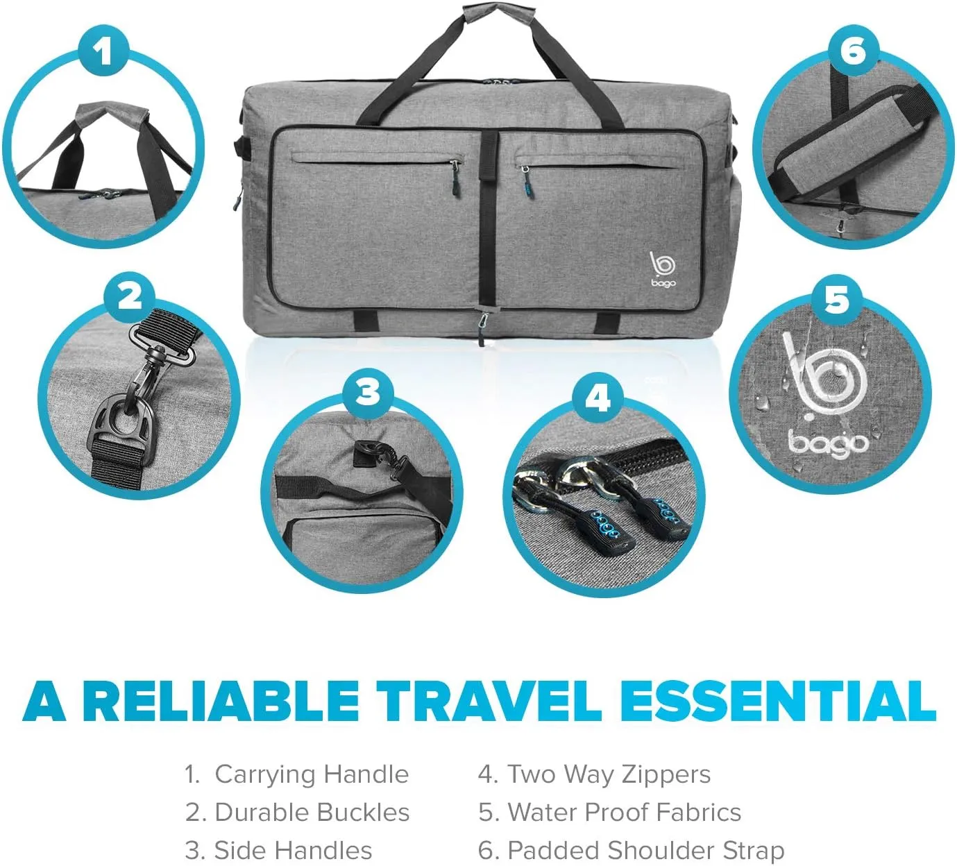Bago Large Foldable Duffel Bags for Traveling Women & Men - 80L Packable Duffle Bag for Travel with Shoe Compartment - Water Repellant, Heavy Duty, Lightweight Folding & Collapsible (SnowGray)