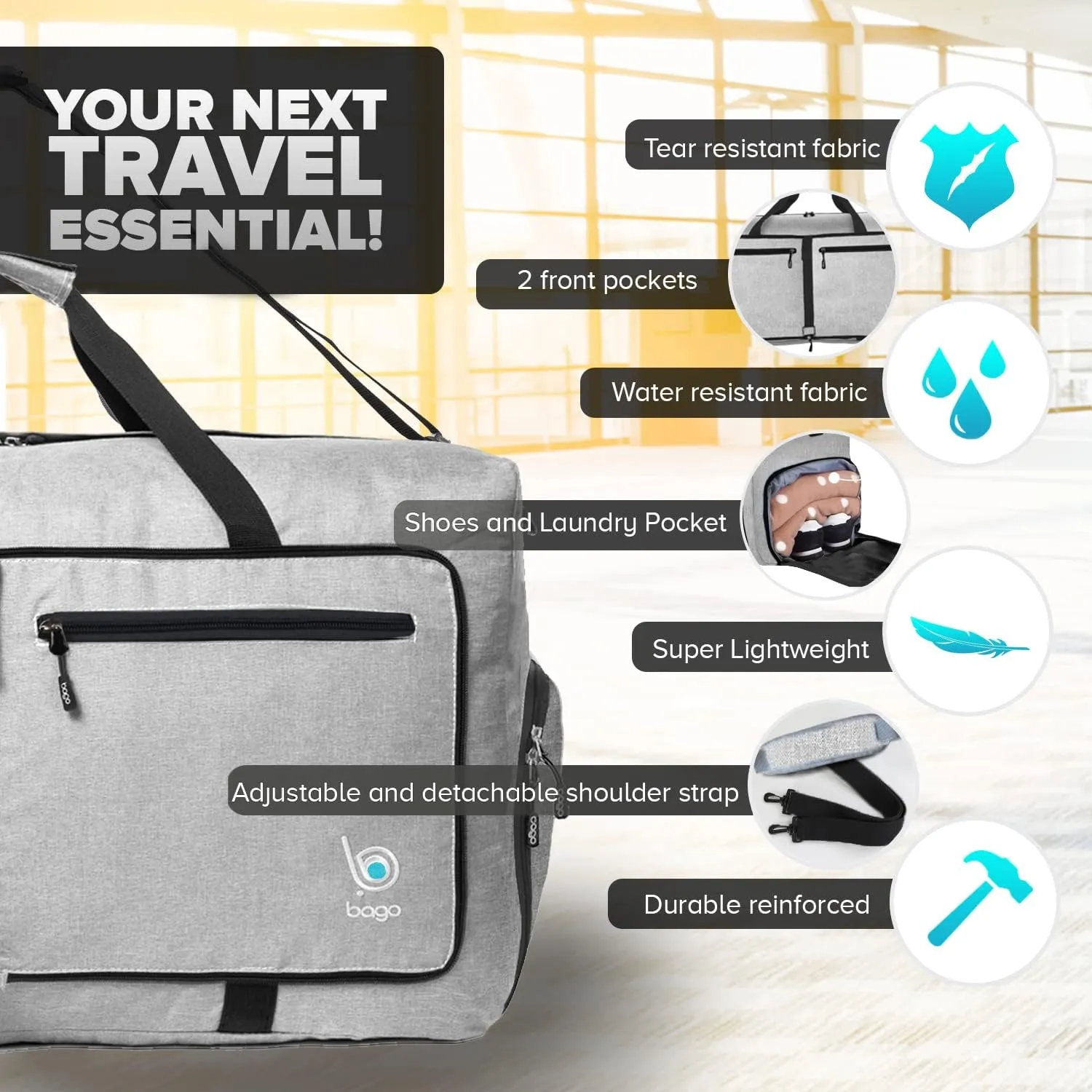 Bago Large Foldable Duffel Bags for Traveling Women & Men - 80L Packable Duffle Bag for Travel with Shoe Compartment - Water Repellant, Heavy Duty, Lightweight Folding & Collapsible (SnowGray)