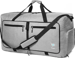 Bago Large Foldable Duffel Bags for Traveling Women & Men - 80L Packable Duffle Bag for Travel with Shoe Compartment - Water Repellant, Heavy Duty, Lightweight Folding & Collapsible (SnowGray)