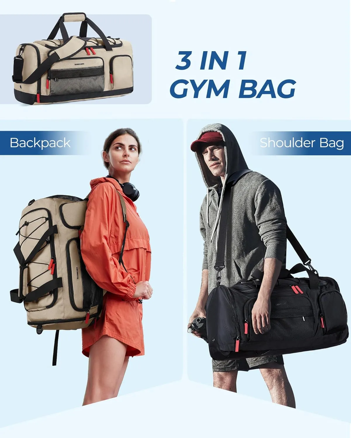 BAGSMART Gym Bag for Men&Women, 35L Sports Travel Duffel Bag with Shoe Laptop Compartment，Anti-Theft Carry On Weekender Bag for Airplane,Workout Overnight Backpack for Hiking,Khaki