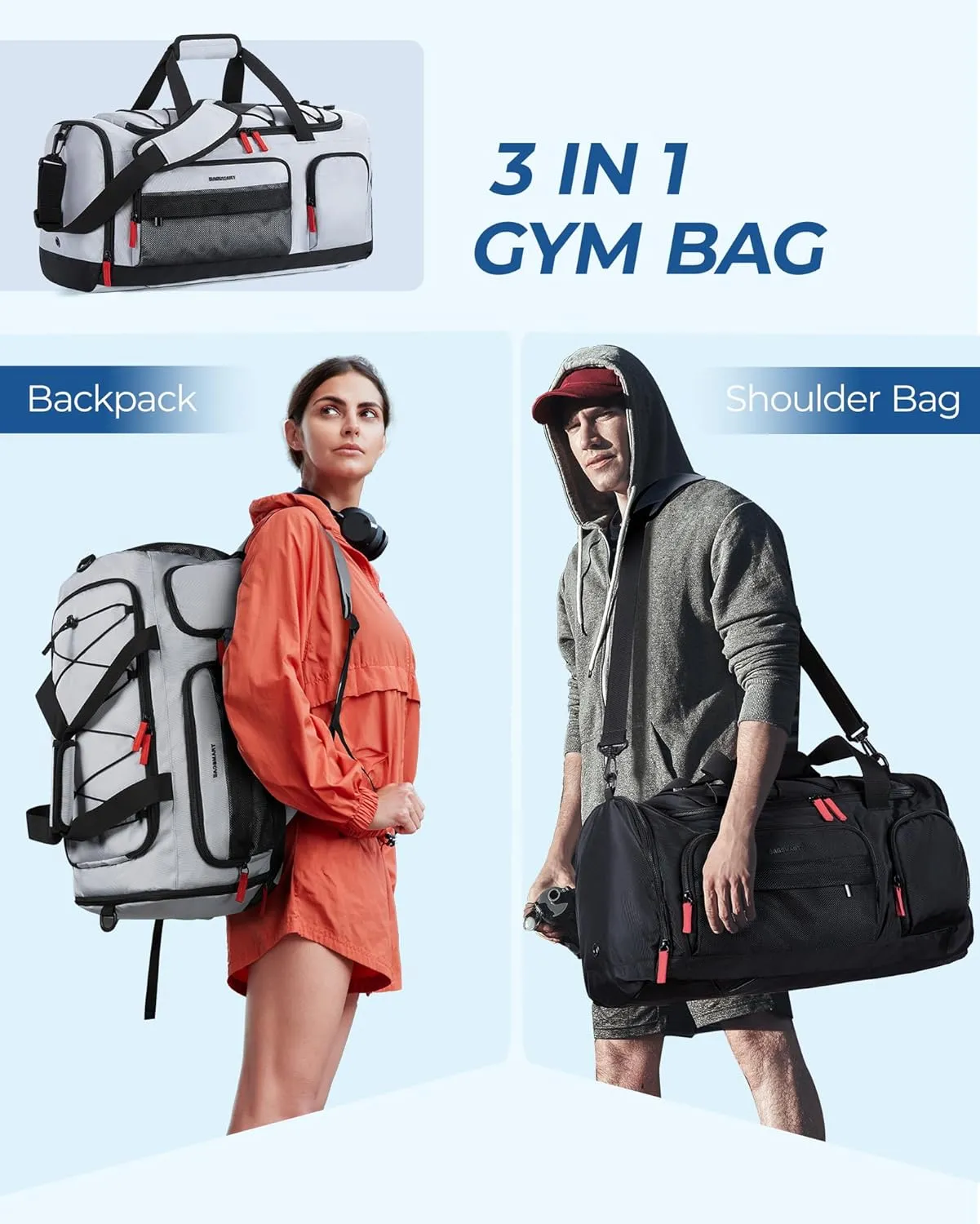 BAGSMART Gym Bag for Women & Men, 35L Sports Travel Duffel Bag with Shoe Compartment，Anti-Theft Carry On Weekender Bag for Airplane, Water Resistant Workout Overnight Backpack for Travel Gym,Grey
