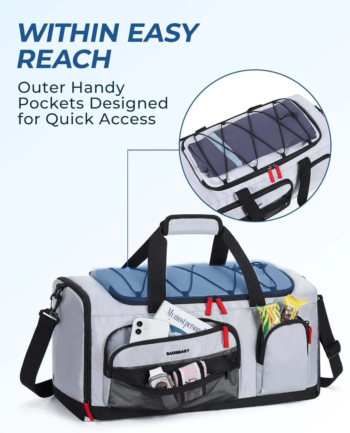 BAGSMART Gym Bag for Women & Men, 35L Sports Travel Duffel Bag with Shoe Compartment，Anti-Theft Carry On Weekender Bag for Airplane, Water Resistant Workout Overnight Backpack for Travel Gym,Grey