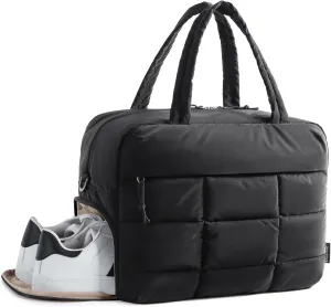 BAGSMART Puffer Travel Duffel Bag, Small Gym Bag for Women, Water-resistant Weekender with Shoe Compartment, Black