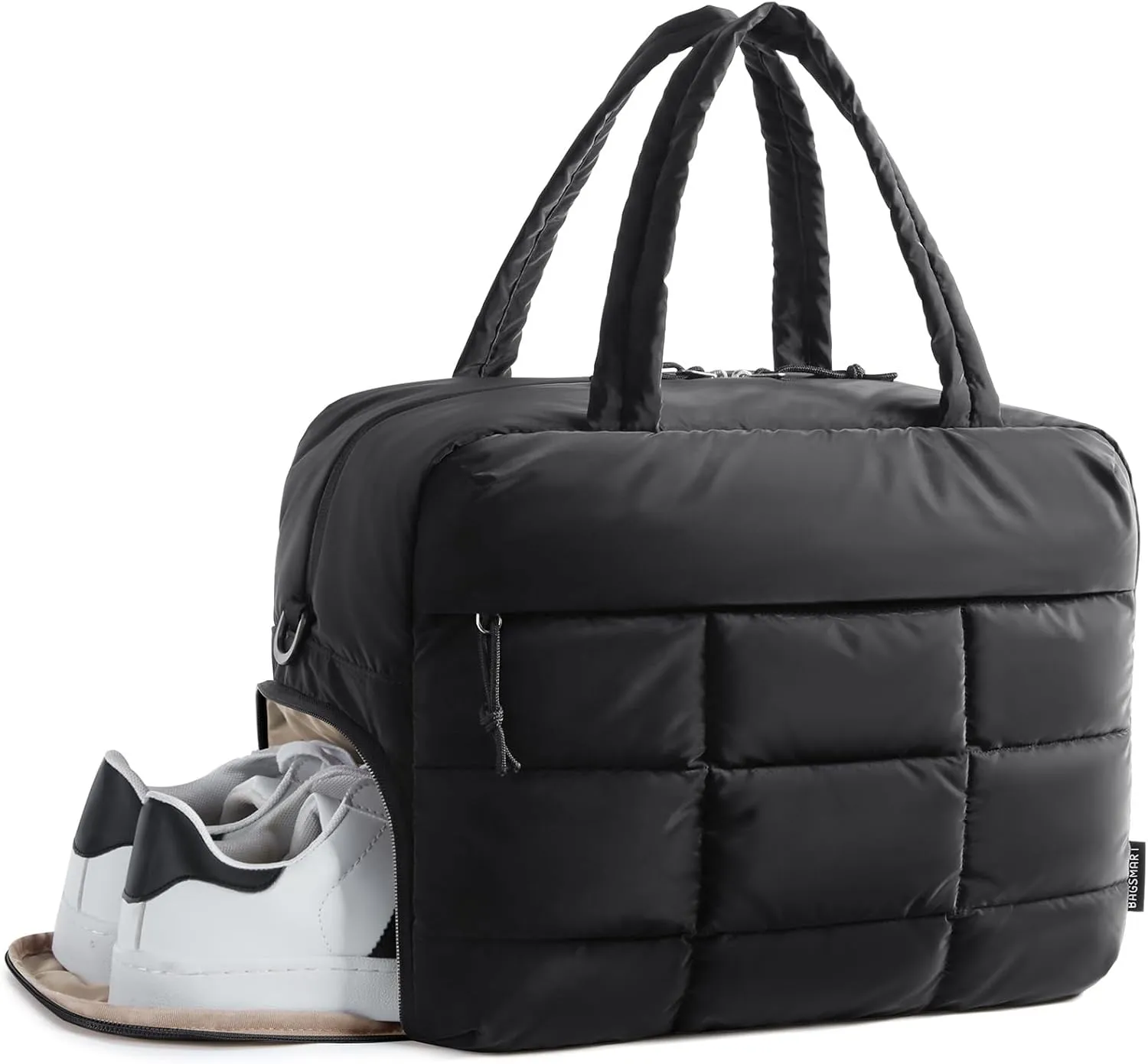 BAGSMART Puffer Travel Duffel Bag, Small Gym Bag for Women, Water-resistant Weekender with Shoe Compartment, Black