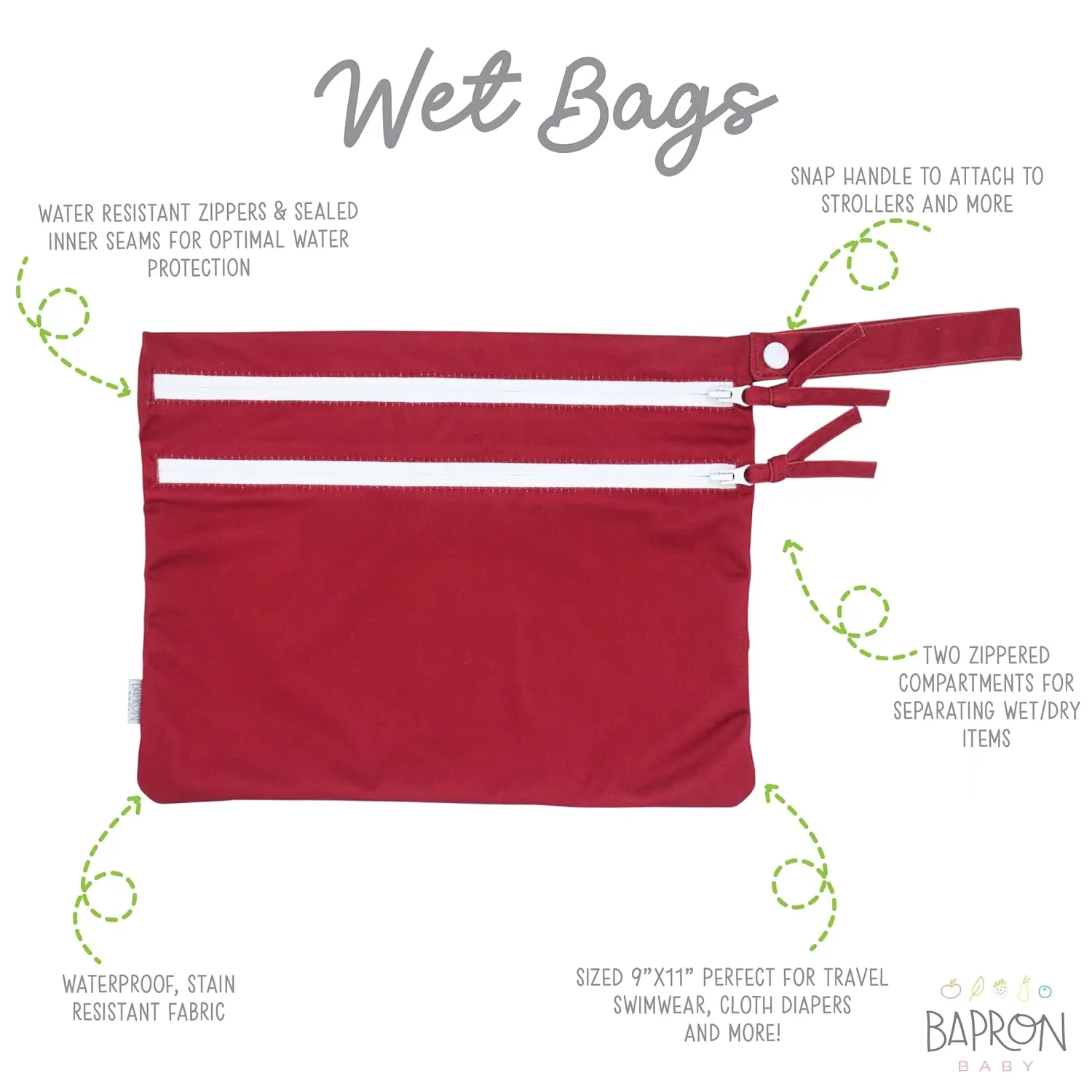 BapronBaby Minimalist Cranberry Wet Dry Bag - Waterproof Two Zipper Pockets - Reusable for Mealtime, Diapers, Stroller, Snacks, Swimsuits - Machine Washable - 11" x 9"
