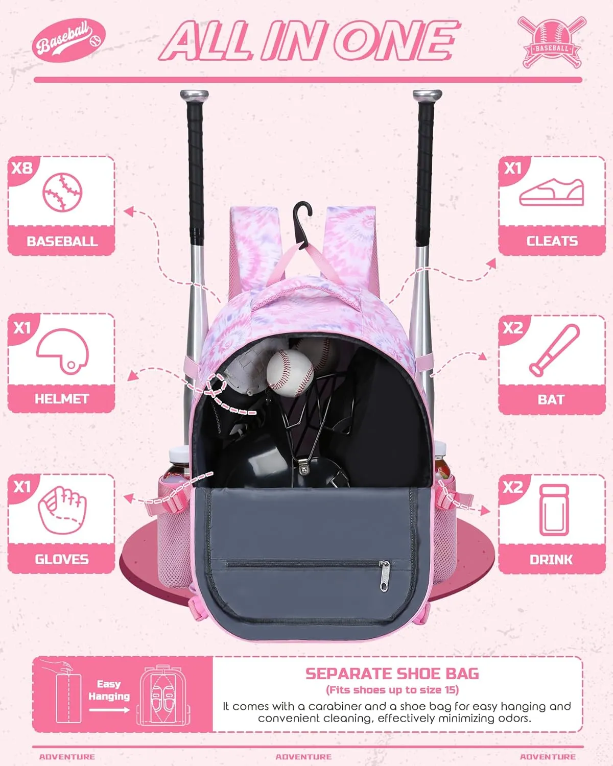 Baseball Softball Tball Backpack for Kids Boys Girls 5-8 8-12 12-14 Large Youth Bat Bag for Game Gear Storage Baseball Softball Equipment Back Pack with Separate Shoe Bag