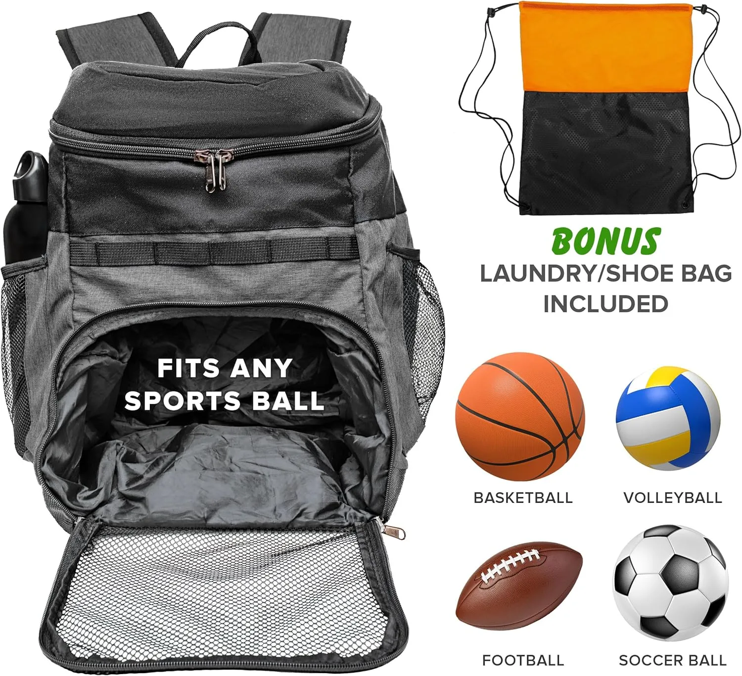 Basketball Backpack with Ball Compartment – Sports Equipment Bag for Soccer Ball, Volleyball, Gym, Outdoor, Travel, Team – 2 Bottle Pockets, Includes Laundry or Shoe Bag – 25L (Gray)