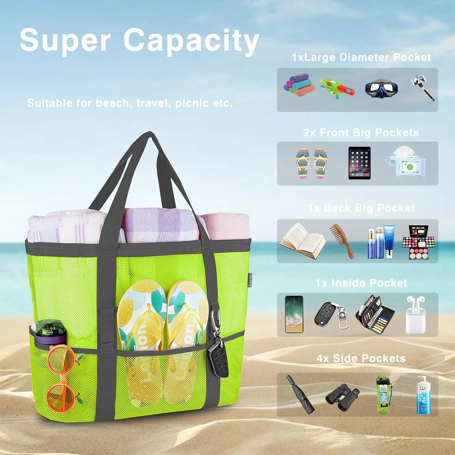 Beach Bag - Mesh Beach Bag Women's Mesh Beach Tote 9 Pockets Foldable - Travel Pool Vacation Cruise Essentials