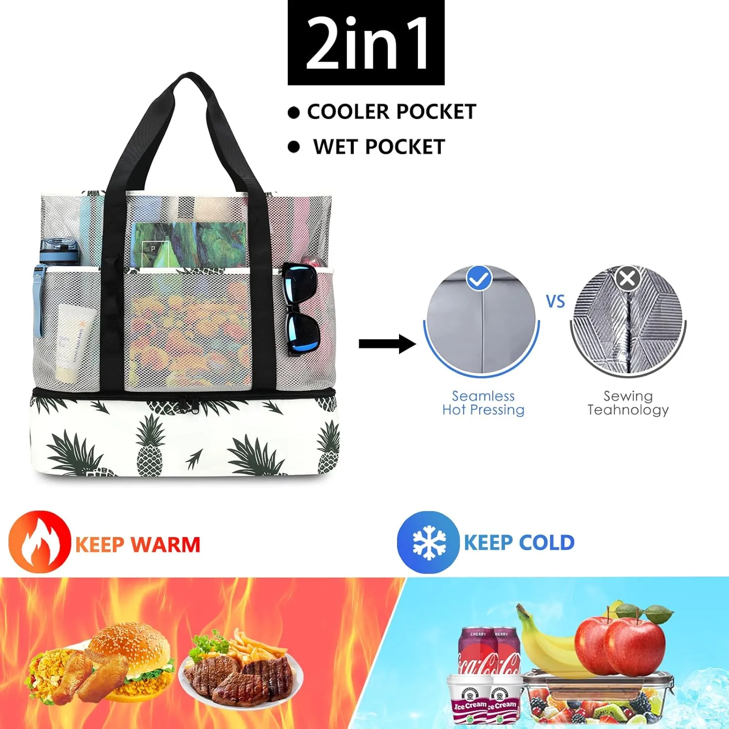 Beach Bag with Cooler,Mesh Beach Bags for Women Sandproof for Pool and Swimming Travel Daily with Durable 8 Pocket