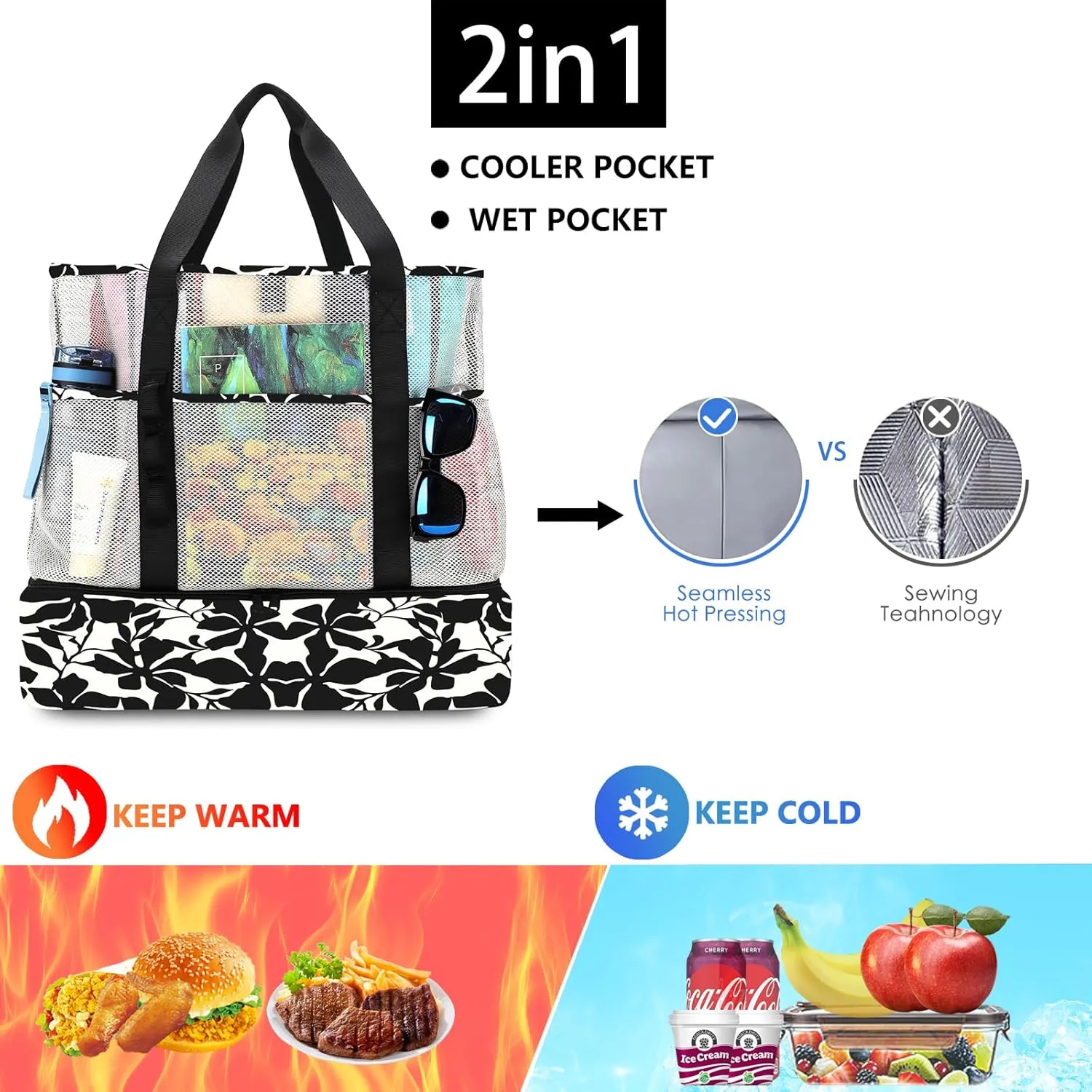 Beach Bag with Cooler,Mesh Beach Bags for Women Sandproof for Pool and Swimming Travel Daily with Durable 8 Pocket