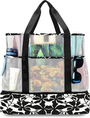 Beach Bag with Cooler,Mesh Beach Bags for Women Sandproof for Pool and Swimming Travel Daily with Durable 8 Pocket