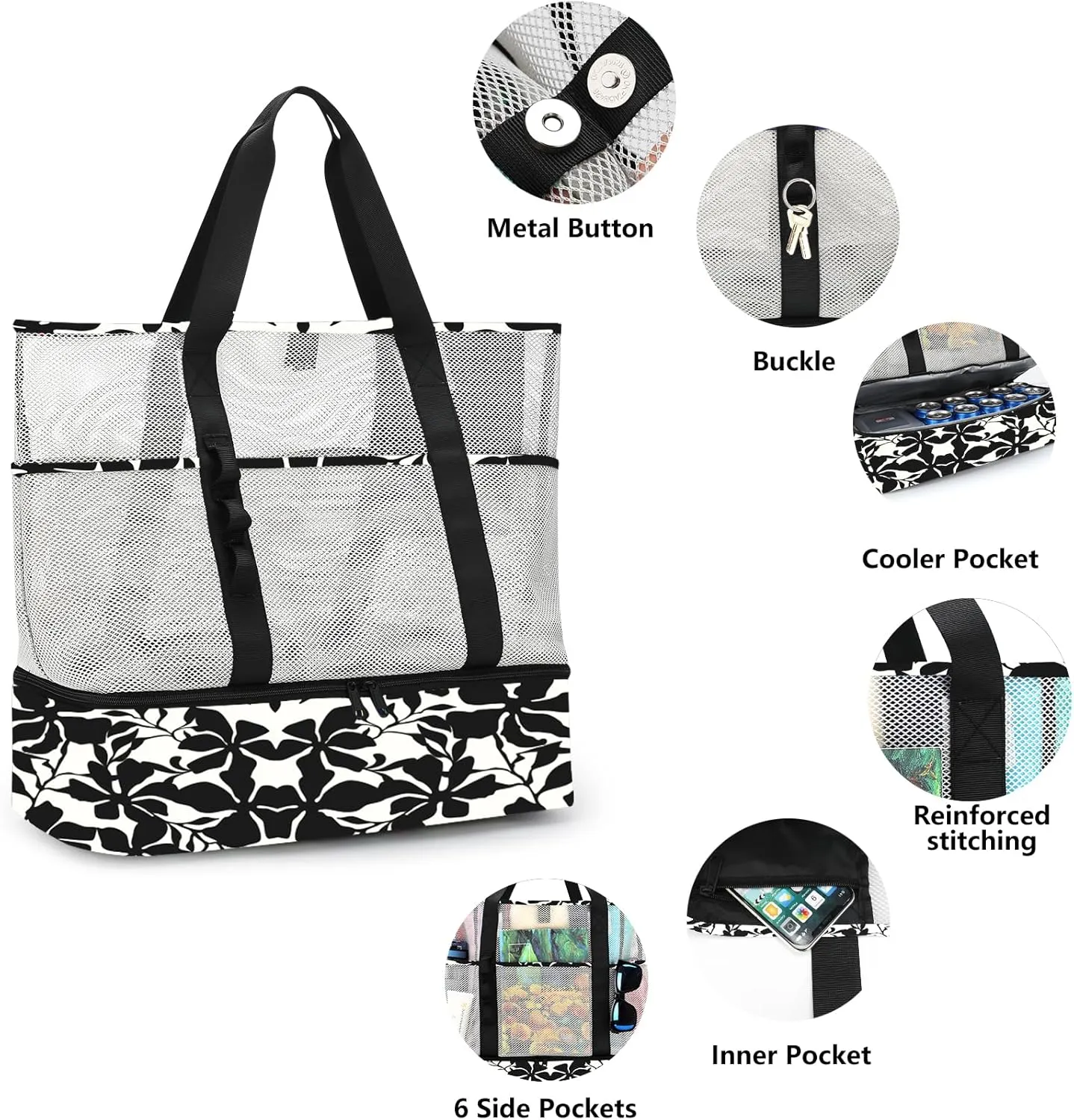 Beach Bag with Cooler,Mesh Beach Bags for Women Sandproof for Pool and Swimming Travel Daily with Durable 8 Pocket