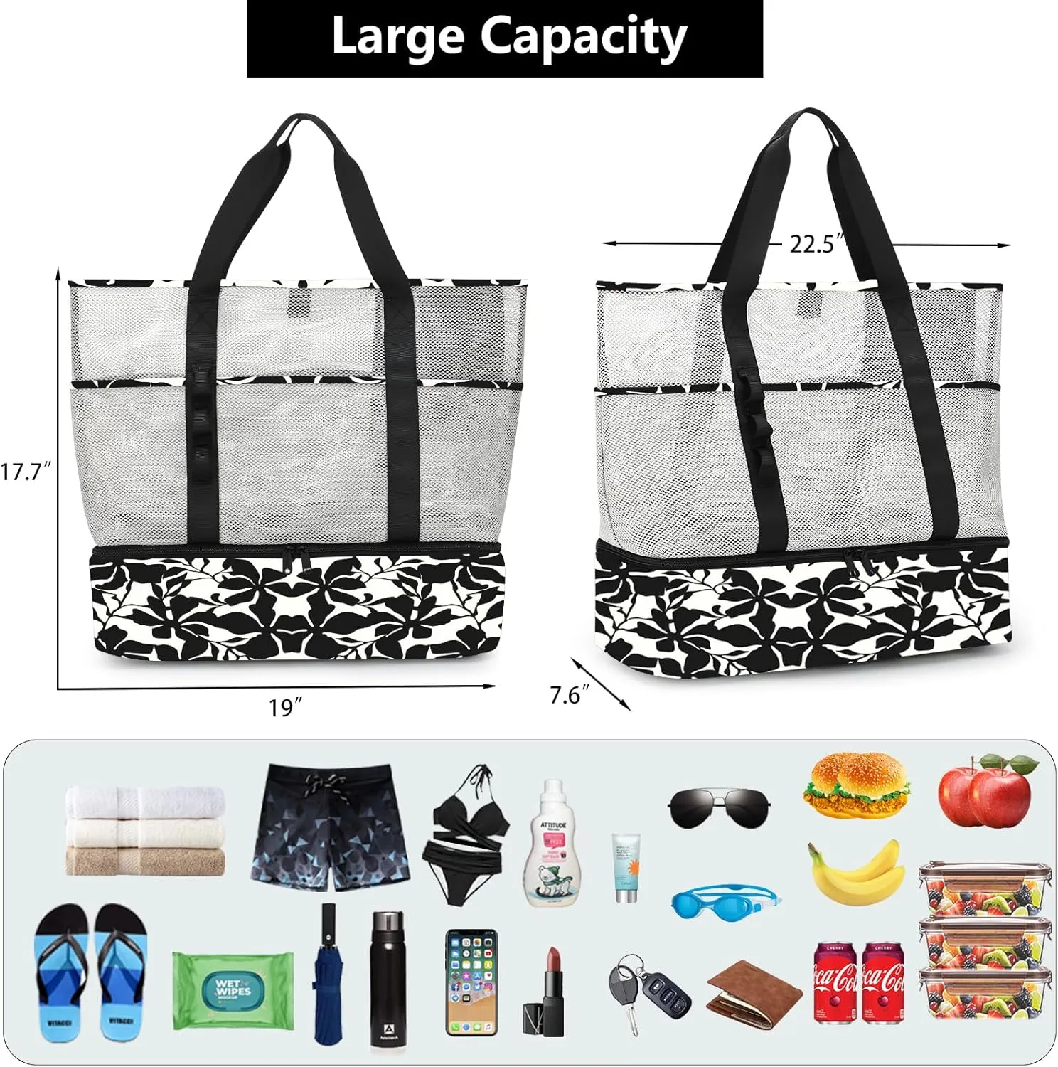 Beach Bag with Cooler,Mesh Beach Bags for Women Sandproof for Pool and Swimming Travel Daily with Durable 8 Pocket