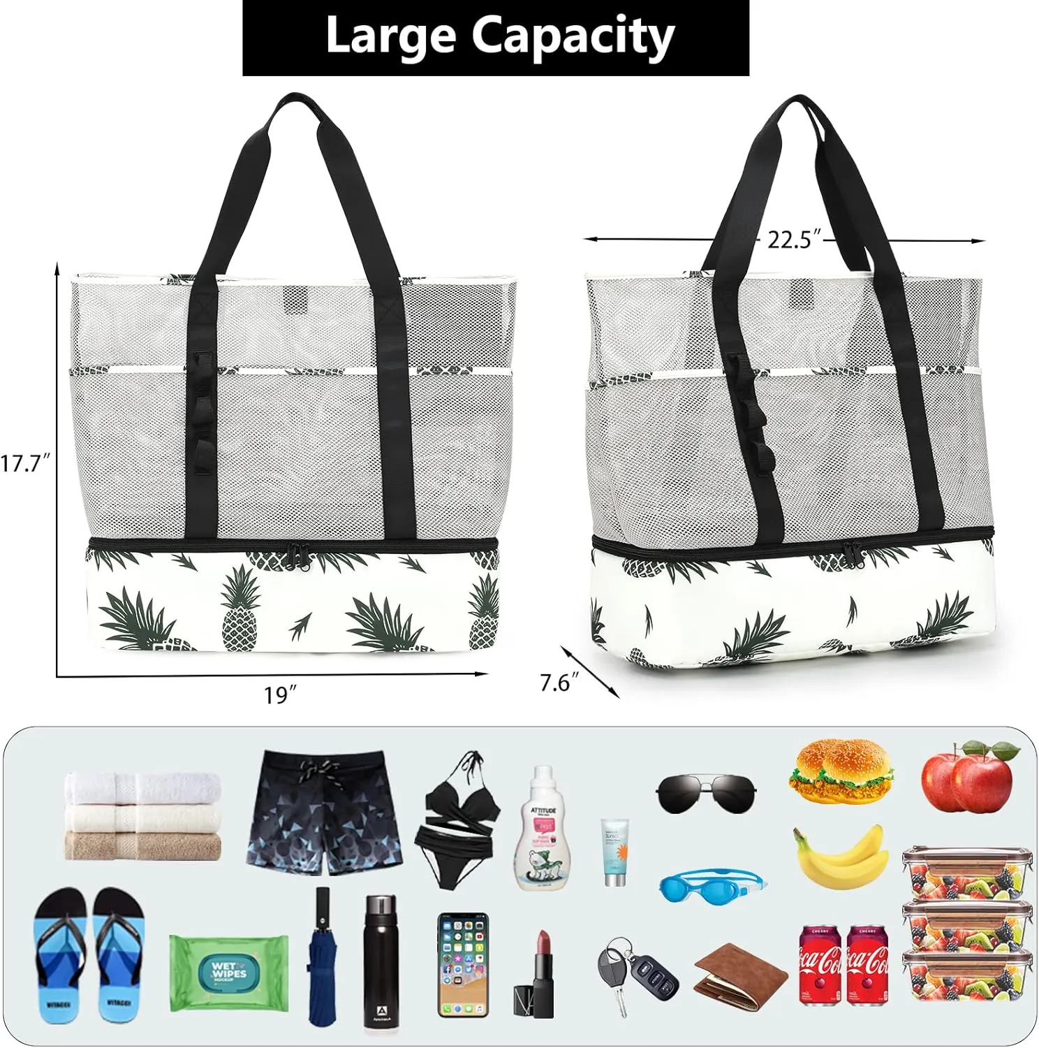 Beach Bag with Cooler,Mesh Beach Bags for Women Sandproof for Pool and Swimming Travel Daily with Durable 8 Pocket