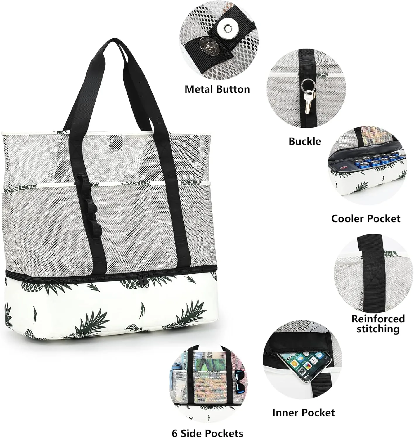 Beach Bag with Cooler,Mesh Beach Bags for Women Sandproof for Pool and Swimming Travel Daily with Durable 8 Pocket