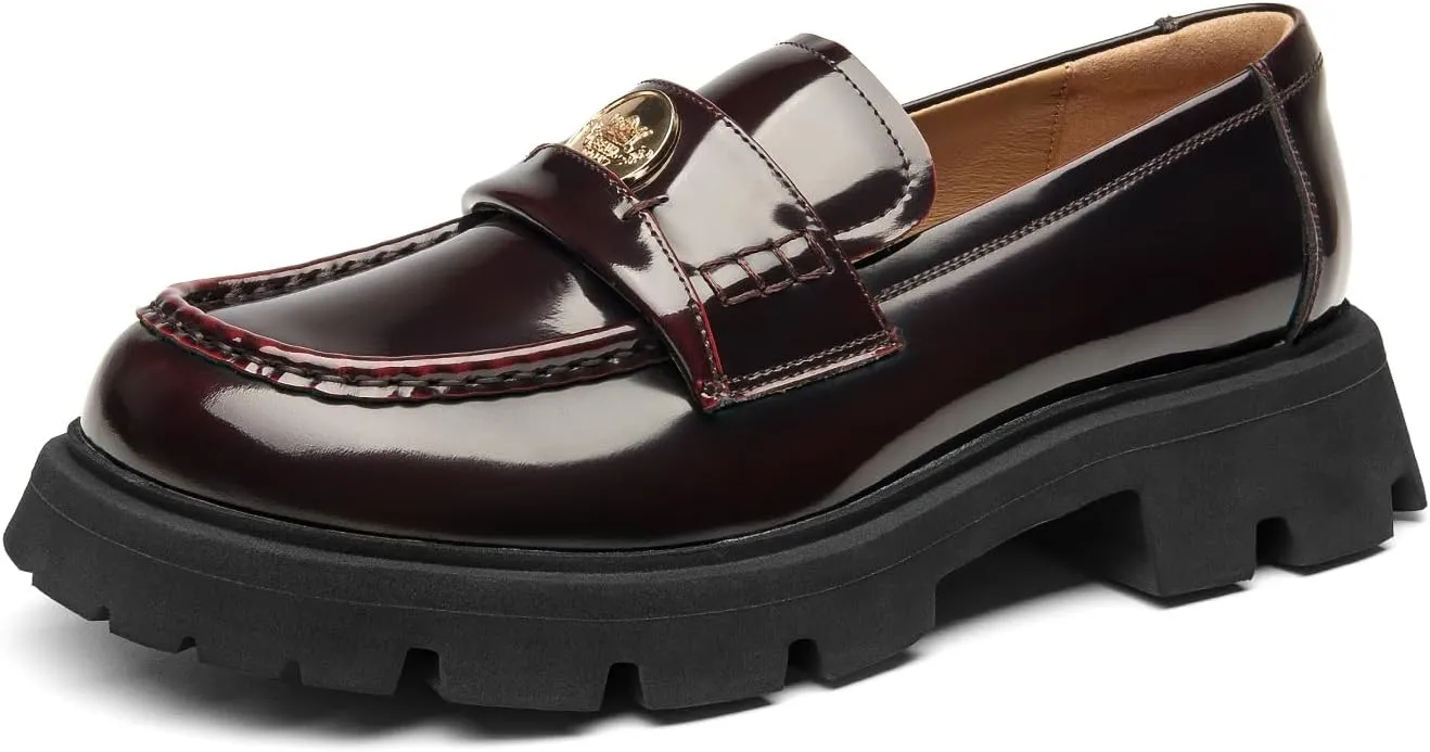 BEAU TODAY Platform Loafers for Women, Lug Sole Penny Loafer Shoes Womens Chunly Platform Business Slip-on Casual Round Toe Polished Leather Shoes