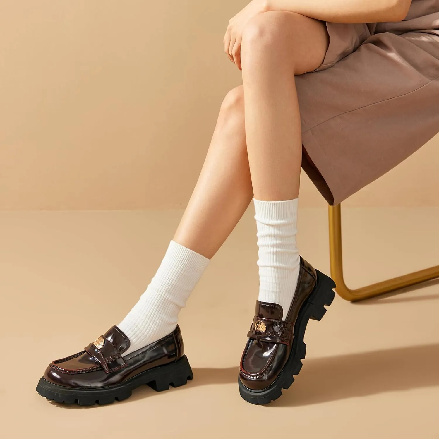 BEAU TODAY Platform Loafers for Women, Lug Sole Penny Loafer Shoes Womens Chunly Platform Business Slip-on Casual Round Toe Polished Leather Shoes