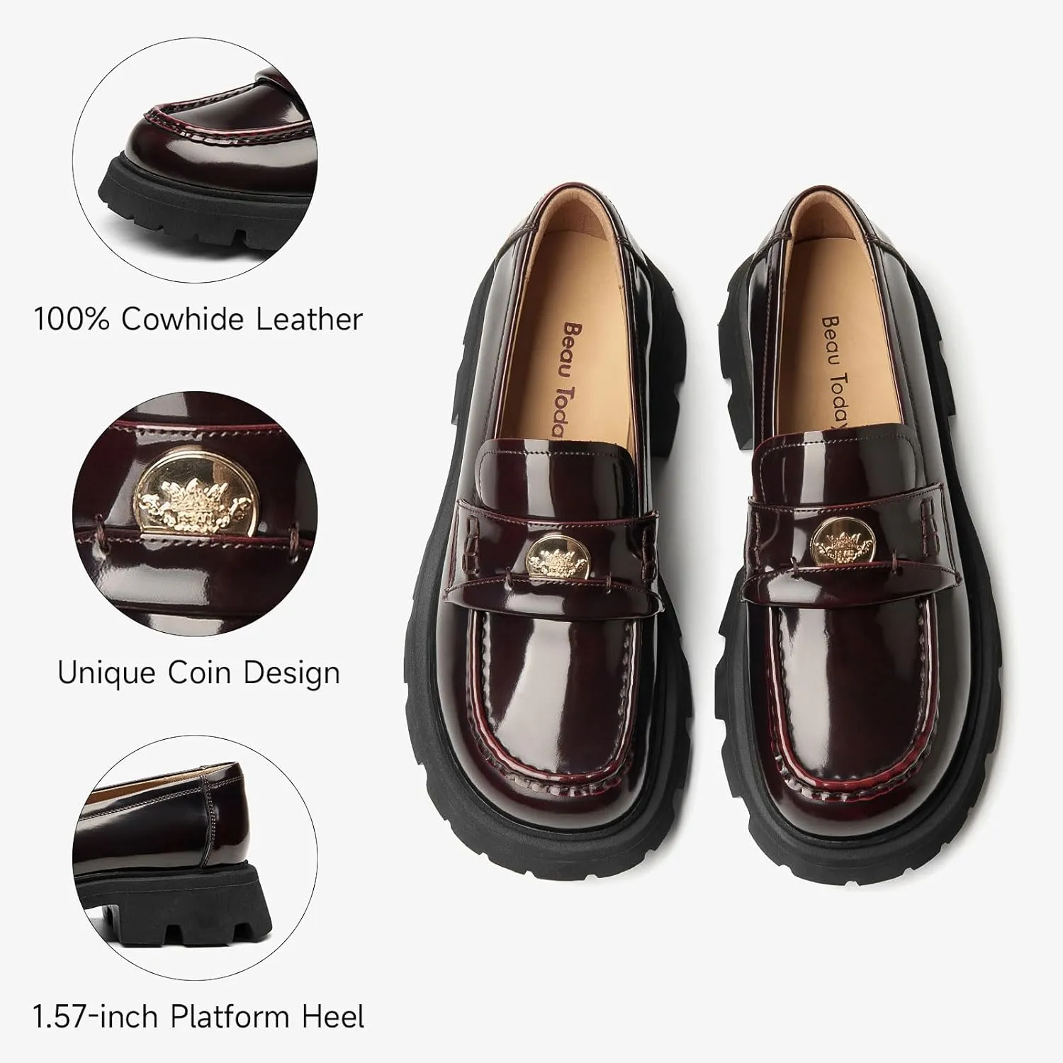 BEAU TODAY Platform Loafers for Women, Lug Sole Penny Loafer Shoes Womens Chunly Platform Business Slip-on Casual Round Toe Polished Leather Shoes
