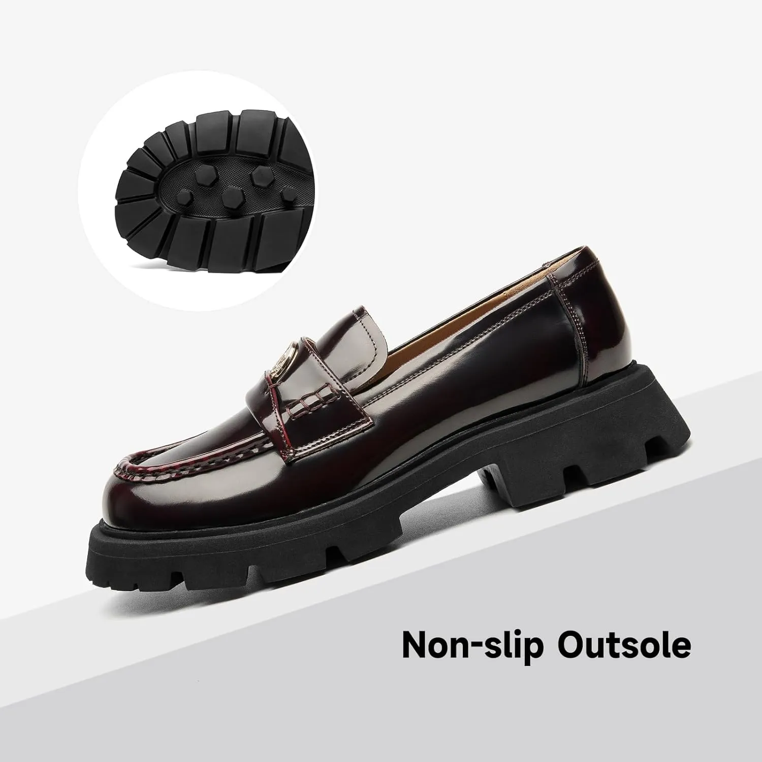 BEAU TODAY Platform Loafers for Women, Lug Sole Penny Loafer Shoes Womens Chunly Platform Business Slip-on Casual Round Toe Polished Leather Shoes