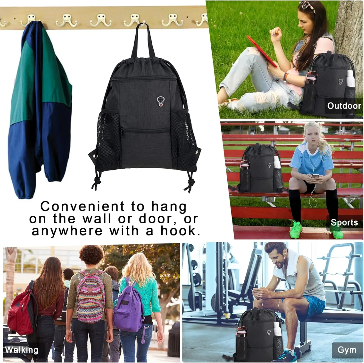 BeeGreen Drawstring Backpack Sports Gym Bag With Shoe Compartment and Two Water Bottle Holder …