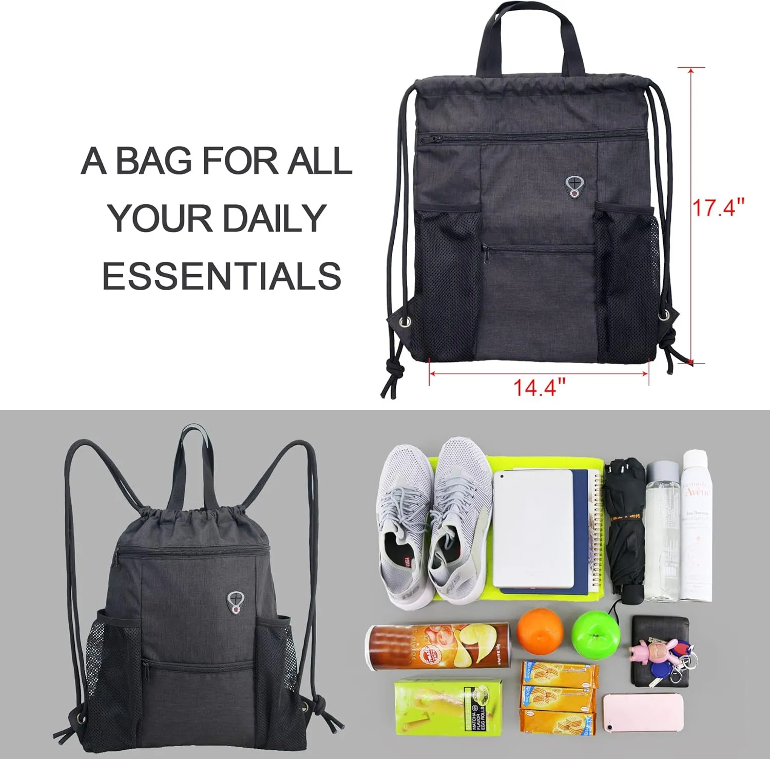 BeeGreen Drawstring Backpack Sports Gym Bag With Shoe Compartment and Two Water Bottle Holder …