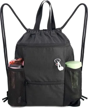 BeeGreen Drawstring Backpack Sports Gym Bag With Shoe Compartment and Two Water Bottle Holder …