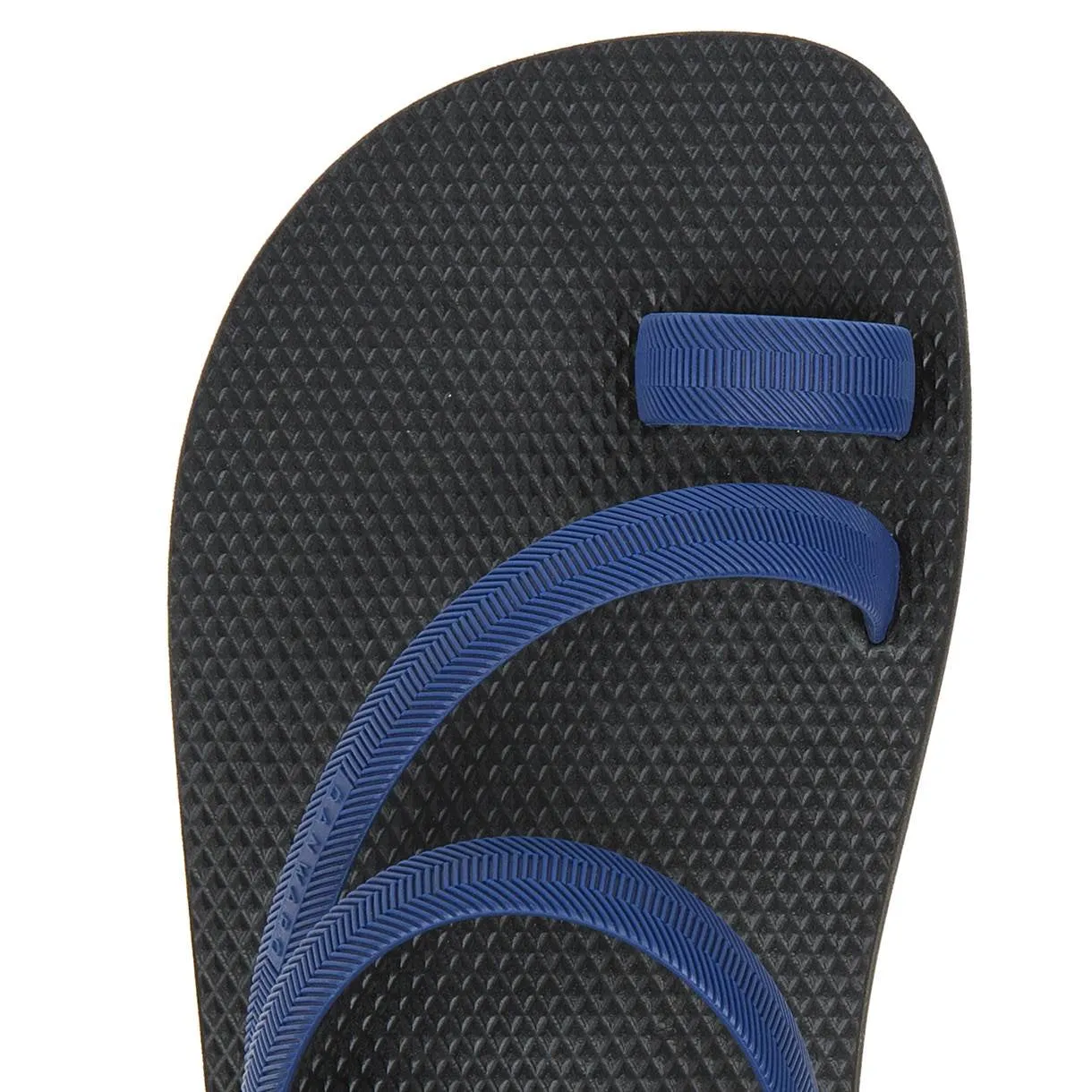 BICOLORED FLIP-FLOP WITH ASYMMETRIC CAGED UPPER,  BLACK WITH INDIGO