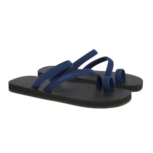 BICOLORED FLIP-FLOP WITH ASYMMETRIC CAGED UPPER,  BLACK WITH INDIGO