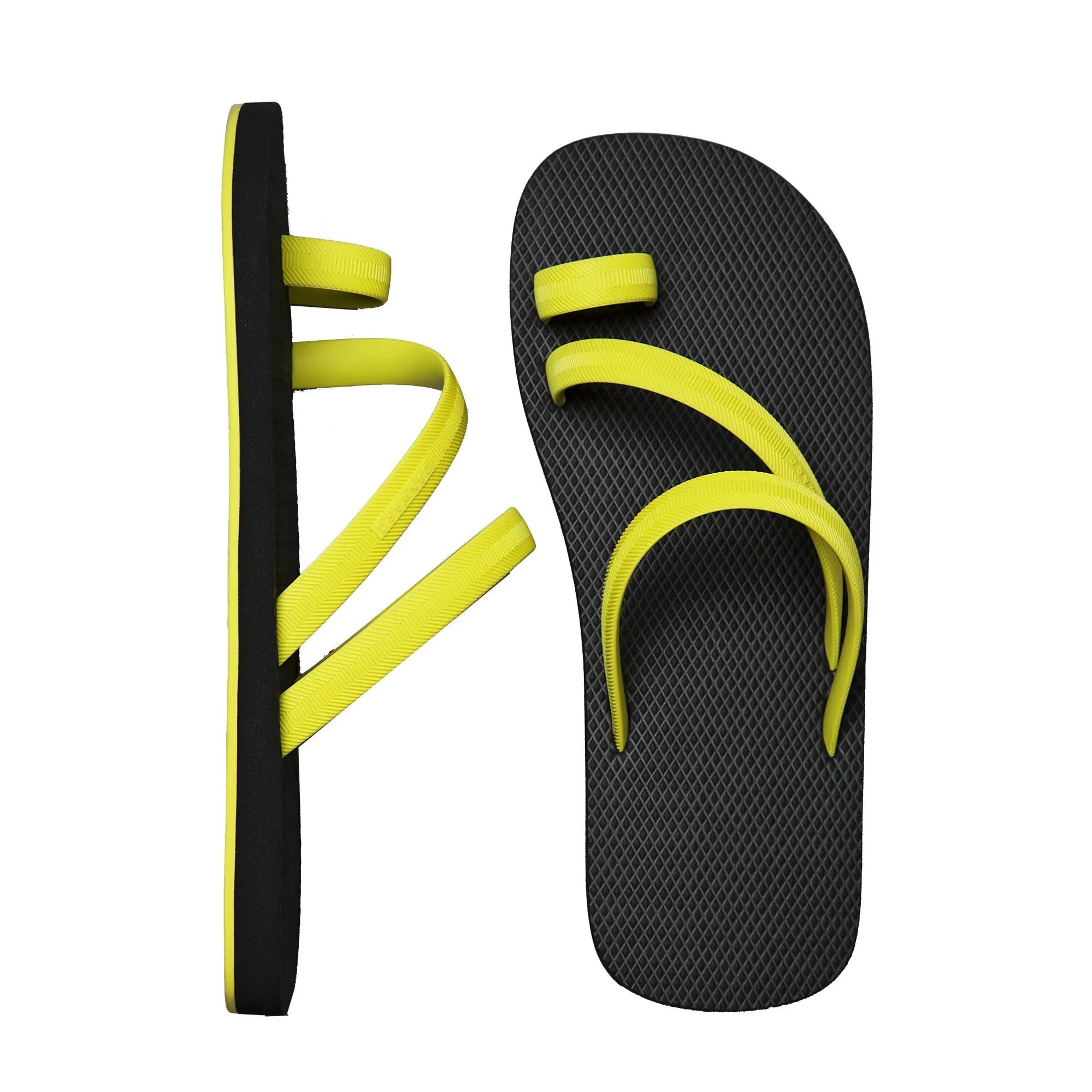 BICOLORED FLIP-FLOP WITH ASYMMETRIC CAGED UPPER,  BLACK WITH LEMON