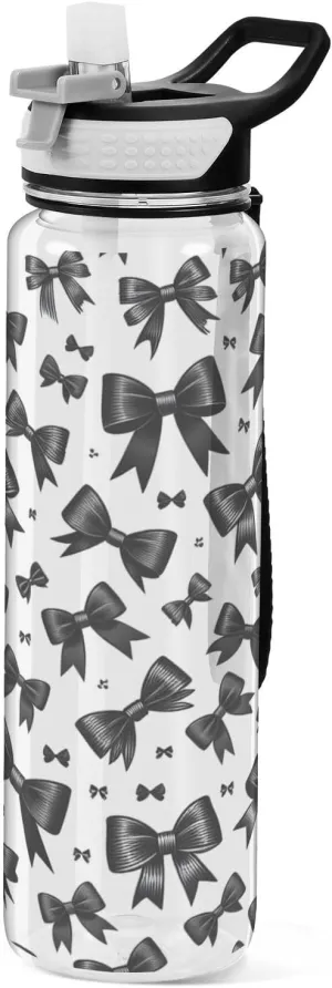Black Bows Water Bottle with Straw,32oz Tritan Wide Mouth Leakproof Sports Water Bottle BPA Free Reusable Plastic Clear Bottle for Gym and Outdoor