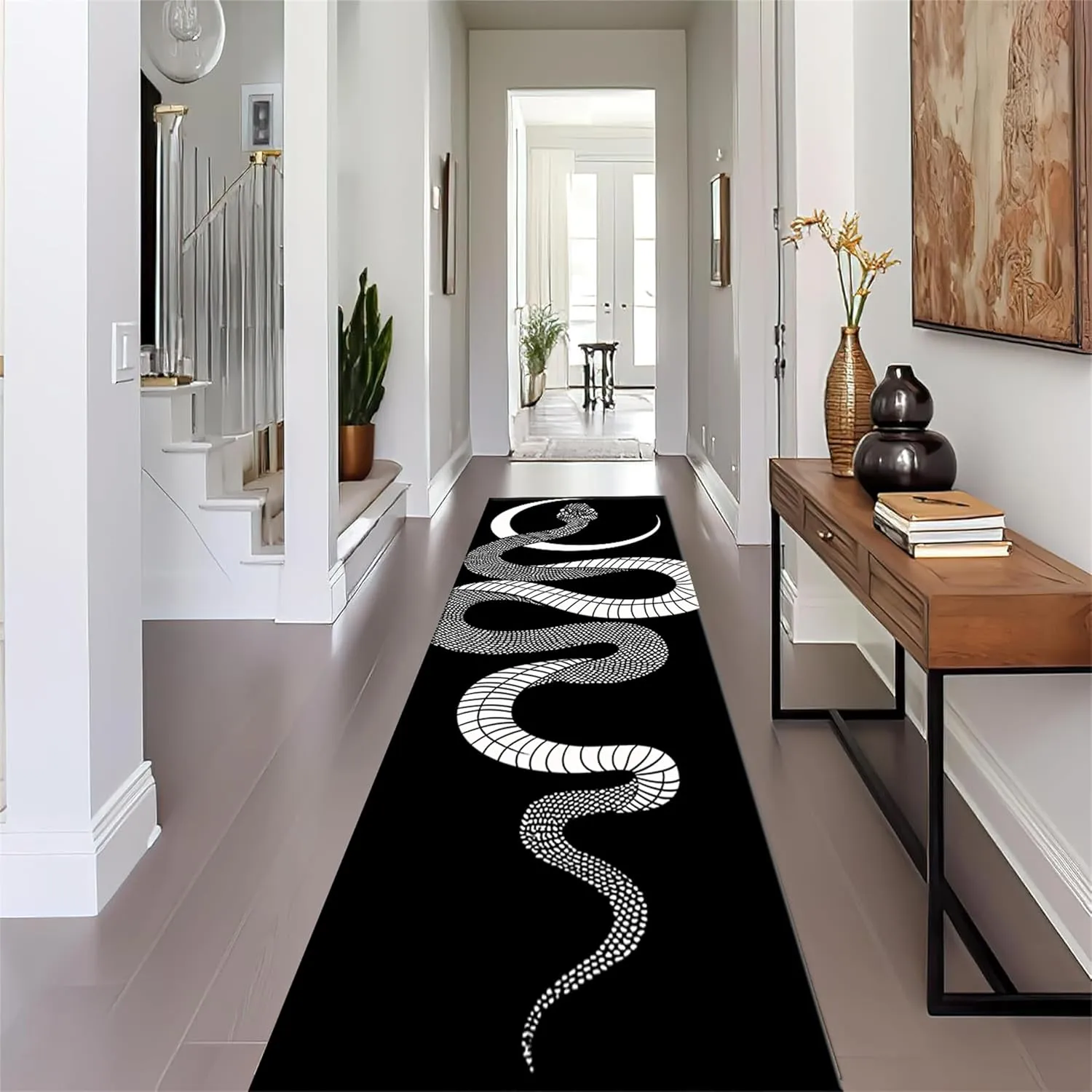 Black White Snake Runner Rug Savage Wild Animal Serpent Moon Phase and Geometric Print Decor Carpets Black Non-Slip Large Area Long Rugs for Living Room Bedroom Hallway Office, 2x6ft