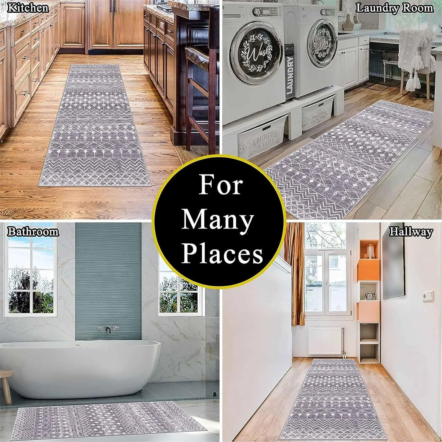Black White Snake Runner Rug Savage Wild Animal Serpent Moon Phase and Geometric Print Decor Carpets Black Non-Slip Large Area Long Rugs for Living Room Bedroom Hallway Office, 2x6ft