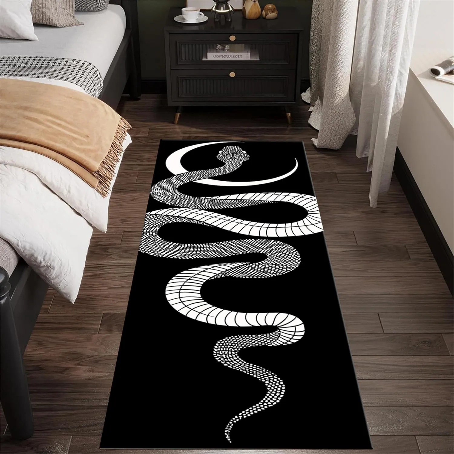 Black White Snake Runner Rug Savage Wild Animal Serpent Moon Phase and Geometric Print Decor Carpets Black Non-Slip Large Area Long Rugs for Living Room Bedroom Hallway Office, 2x6ft