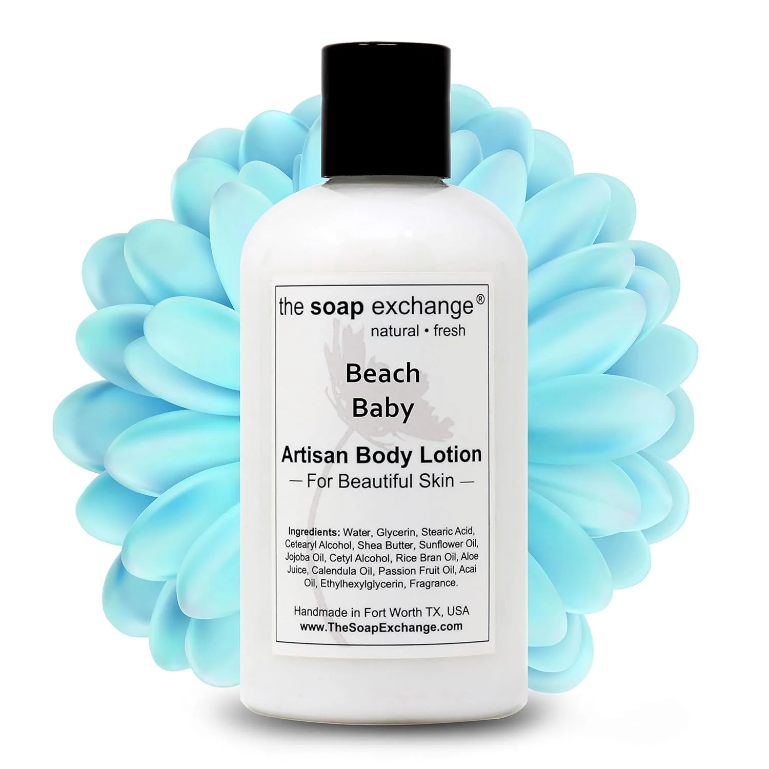 Body Lotion - Beach Baby Scent - Hand Crafted 8 fl oz / 240 ml Natural Artisan Skin Care for Hand, Face, & Body, Moisturize, Hydrate, & Protect. Made in the USA.