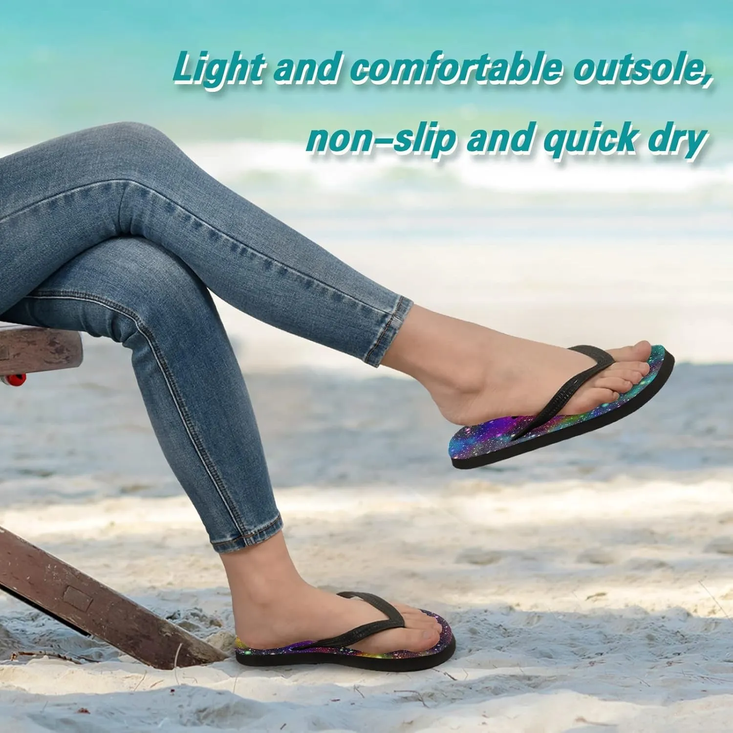 Bright Galaxy Universe Womens Flip Flops Rainbow Nebula Starry Night Summer Beach Sandals Casual Thong Slippers Comfortable Shower Slippers Non Slip Water Sandals shoes L