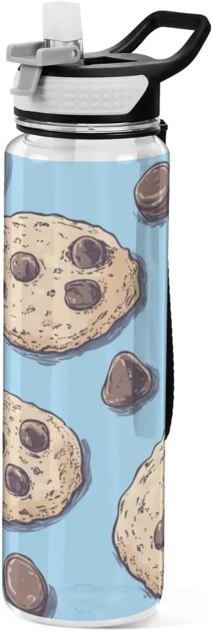 Caikeny Water Bottle with Straw Cookie Chocolate Chips Bottle Sports Bottles BPA-Free Tritan Water Jug with Carrying Strap for Women Men Gym