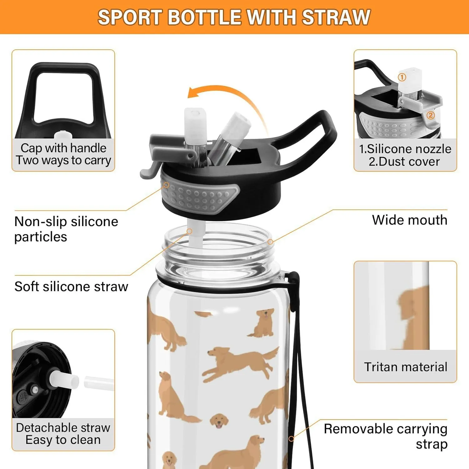 Caikeny Water Bottle with Straw Dogs Gold Sports Bottles BPA-Free Tritan Water Jug with Carrying Strap for Women Men Gym Outdoor Sports