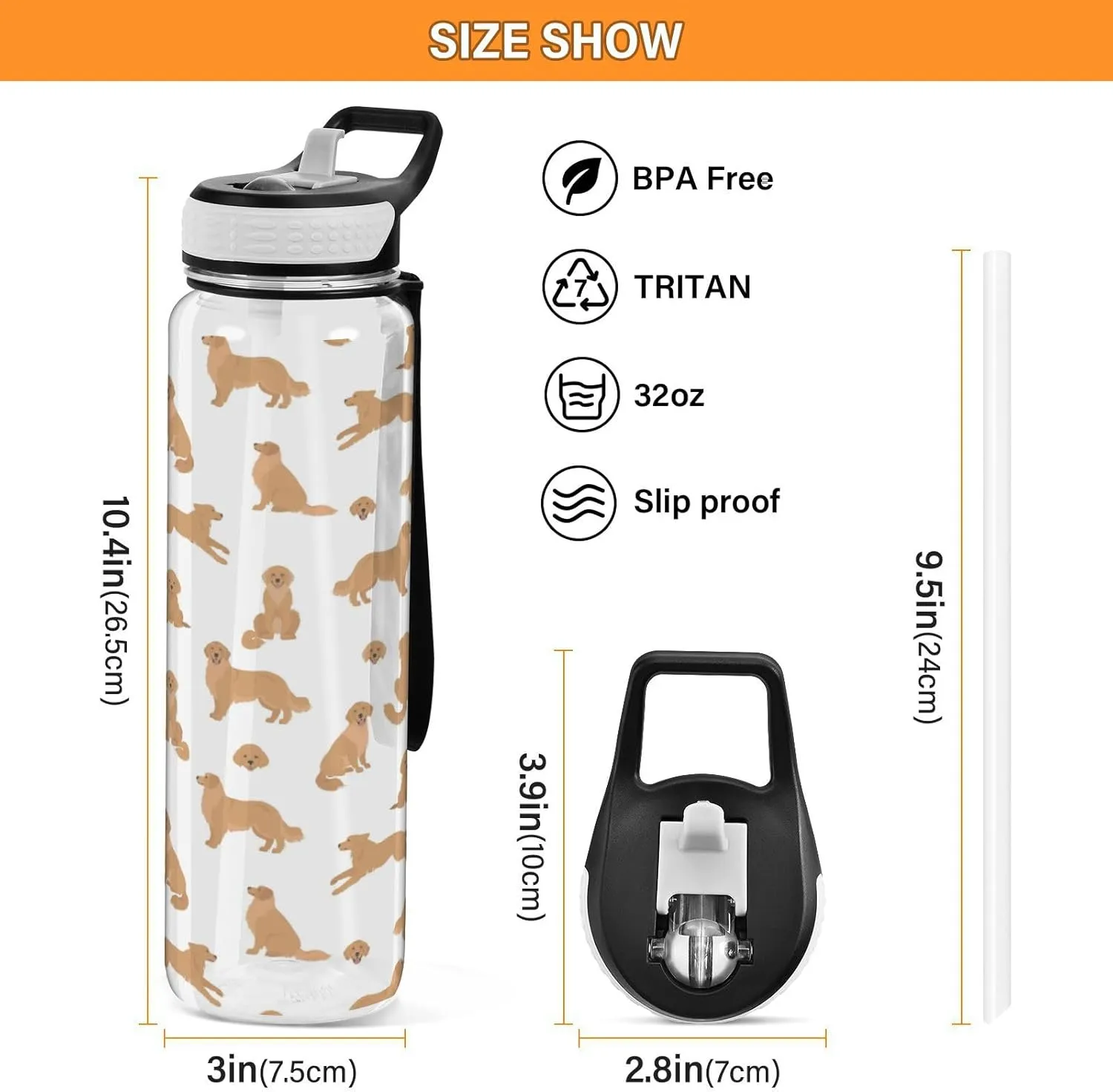 Caikeny Water Bottle with Straw Dogs Gold Sports Bottles BPA-Free Tritan Water Jug with Carrying Strap for Women Men Gym Outdoor Sports
