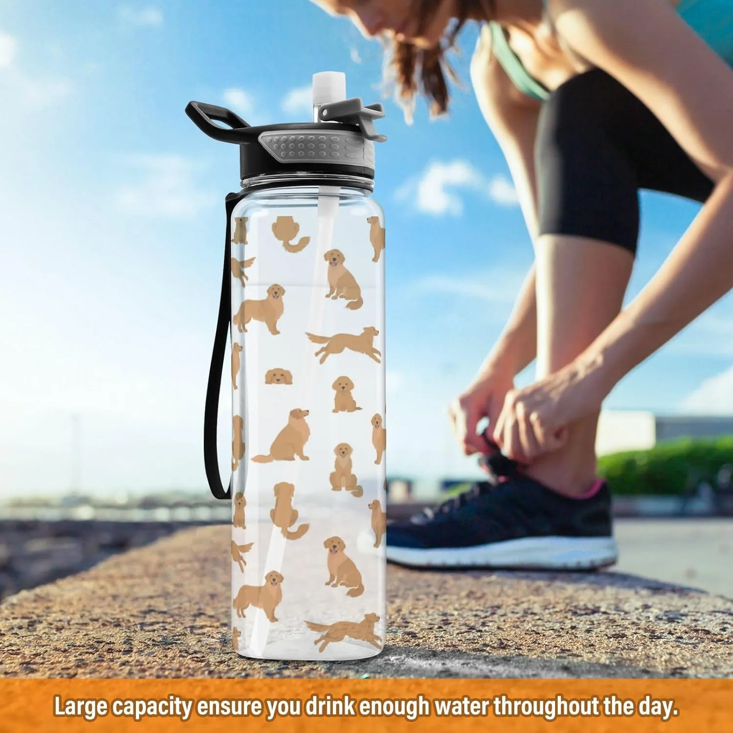 Caikeny Water Bottle with Straw Dogs Gold Sports Bottles BPA-Free Tritan Water Jug with Carrying Strap for Women Men Gym Outdoor Sports