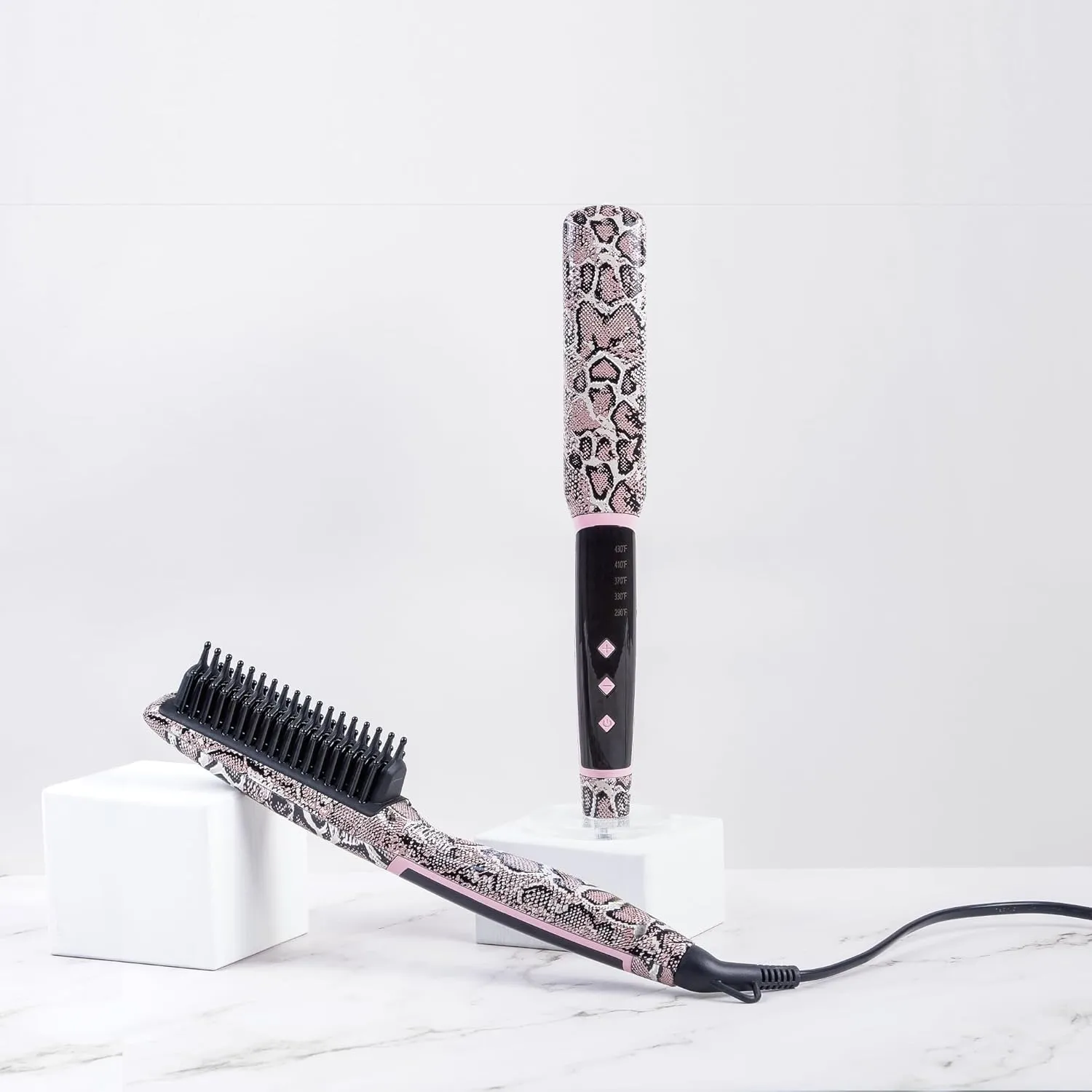 Calista Triangl Pro Heated Detailer Brush, Smoothing, Anti-Frizz Professional Heat Styling Brush, Burn-Free Firm Bristles, Ionic and Ceramic Technology, 5 Heat Settings (11", Snakeskin)